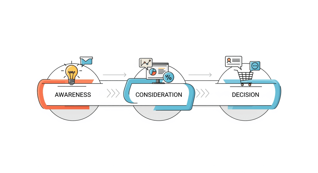 Infographic illustrating the stages of the buyer's journey and how content marketing that converts aligns with each phase.