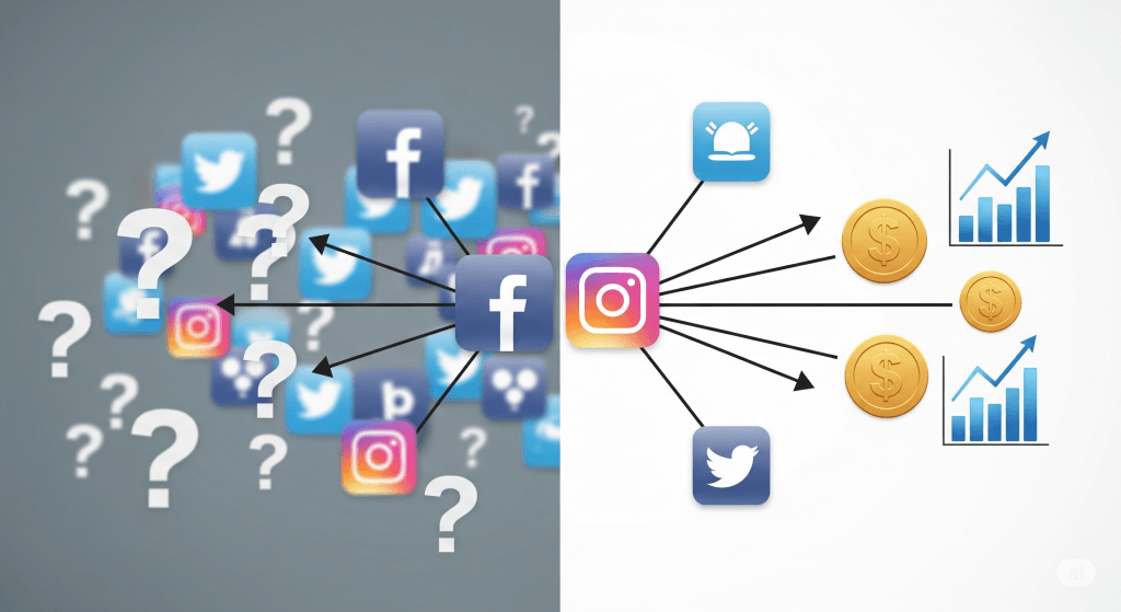 Visual comparison showing the confusion of vanity metrics versus the clarity of measuring social media ROI for business results.