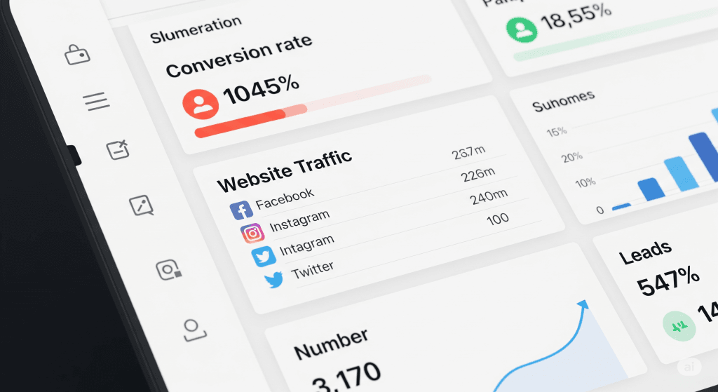Dashboard view highlighting key social media ROI metrics such as conversion rate, website traffic, and leads generated for effective measurement.