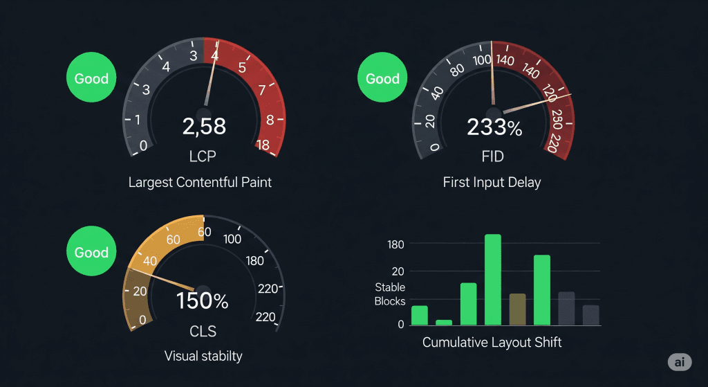 A digital dashboard displaying Core Web Vitals metrics, highlighting page speed and user experience for improved SEO in 2025.