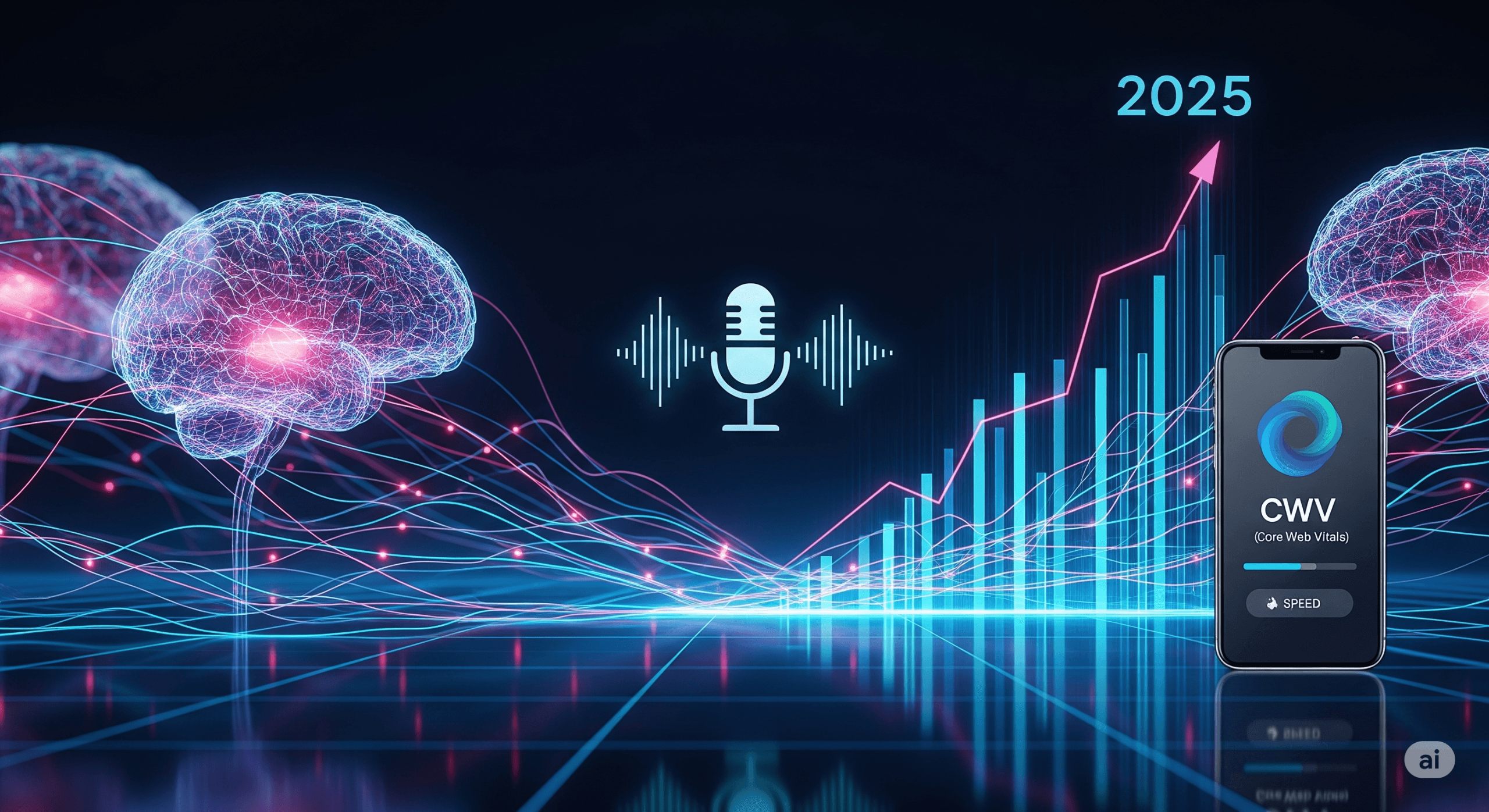 Conceptual image illustrating SEO in 2025, showing AI, voice search, and user experience influencing digital growth trends.