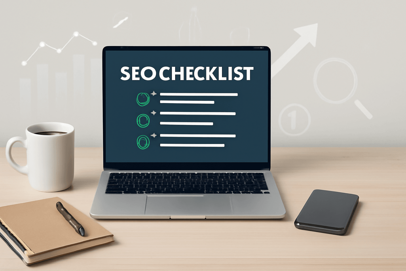Laptop on a desk with an SEO blog checklist on screen and blogging tools around it.